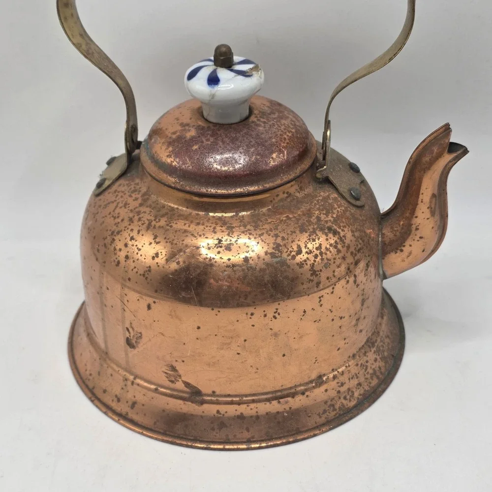 Portugal‎ Copper Tea Kettle Vintage Floral Ceramic Handle Rustic Farmhouse Decor
